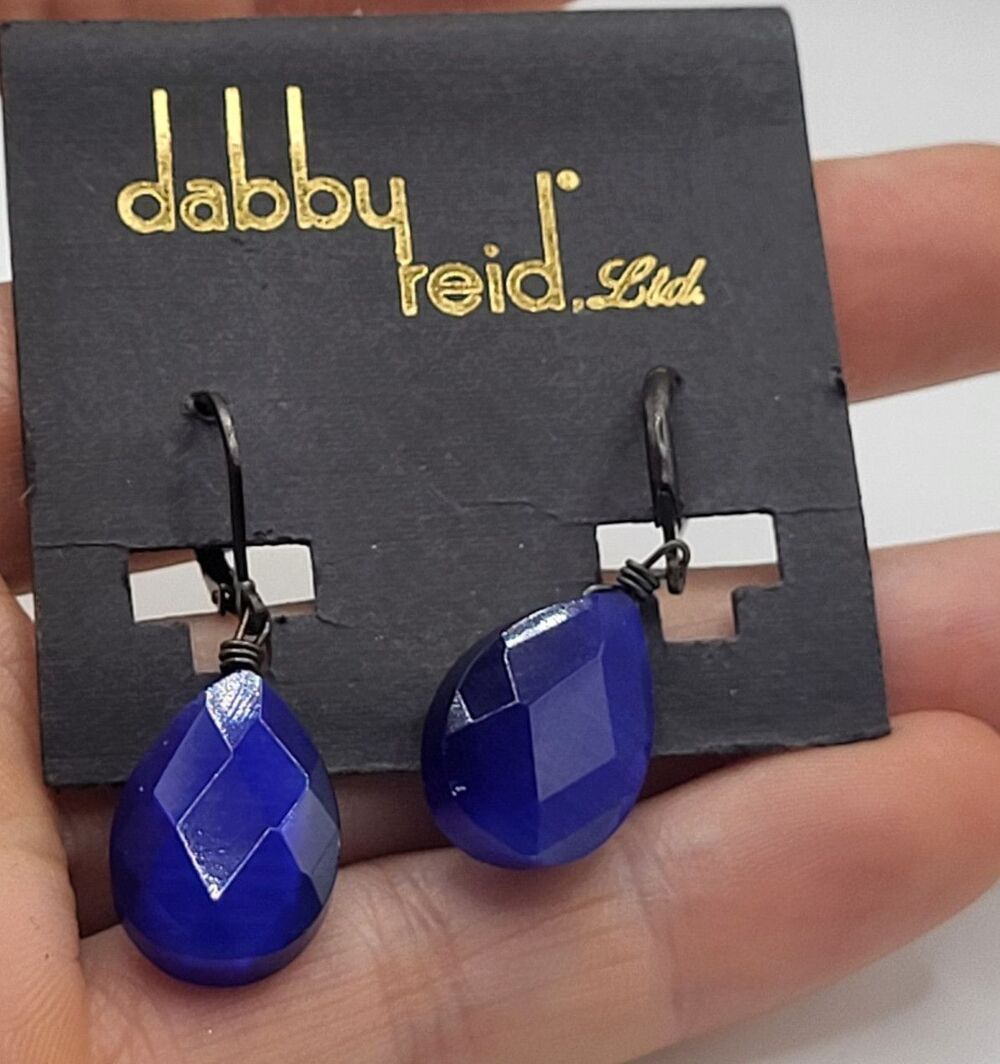 Dabby Reid Vintage Cobalt Blue Faceted Glass Teardrop Drop Dangle Earrings 1.5in